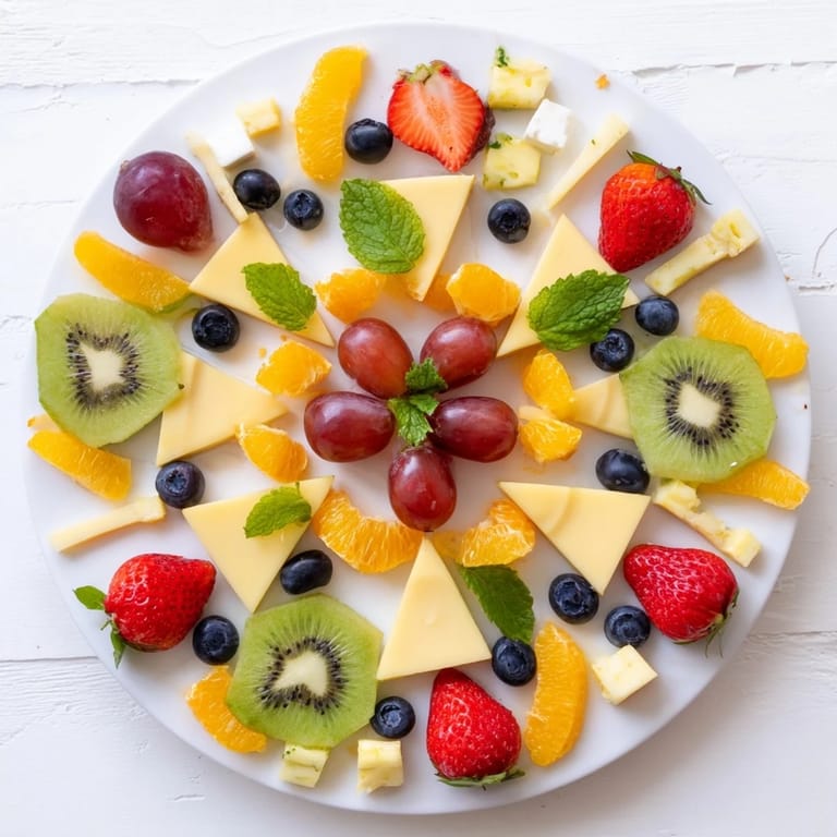 Colorful kaleidoscope circle appetizer: a beautiful arrangement of fruit and cheese wedges, perfect for guests.