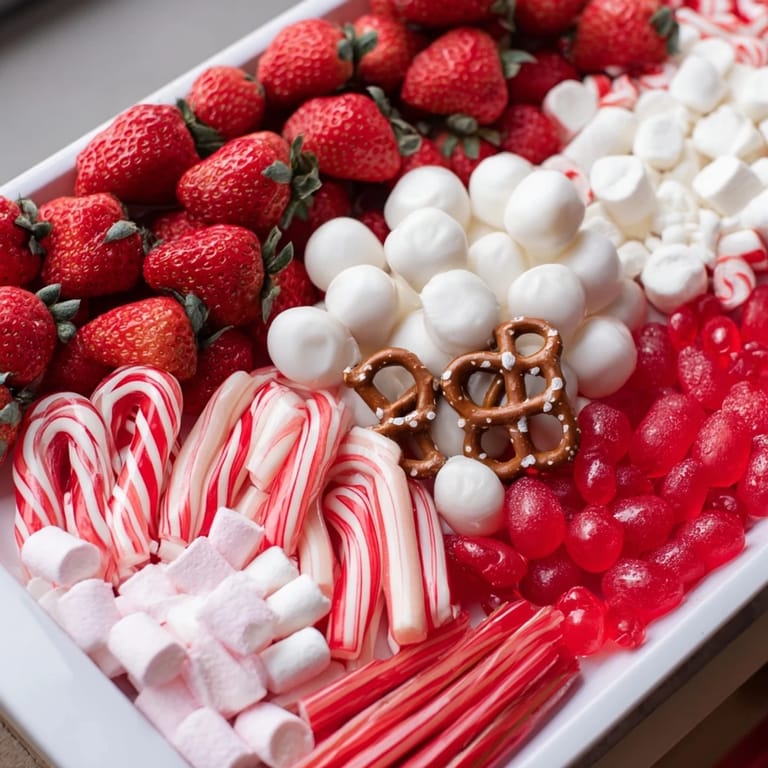 A beautifully arranged sweet board showcasing the festive red and white candy stripe treats, ready to be enjoyed.