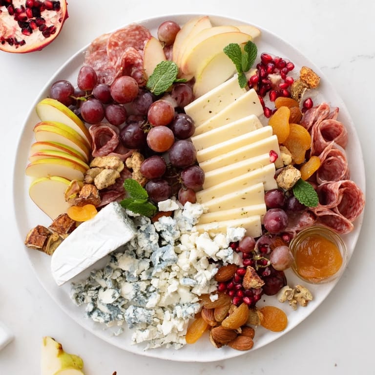 Enjoy this elegant Pomegranate Jewel Cascade with creamy goat cheese, prosciutto, and sparkling pomegranate seeds on display.