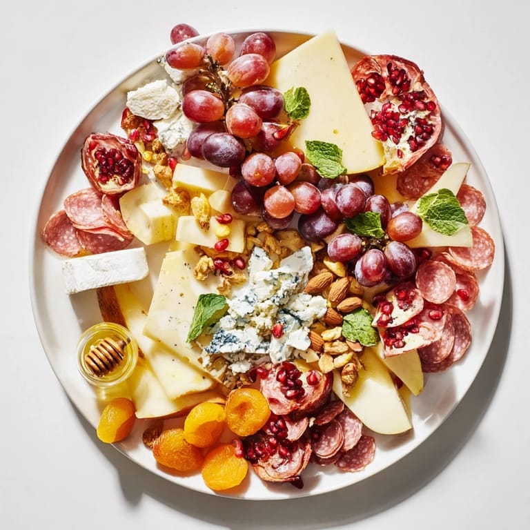 A beautiful cheese board — the Pomegranate Jewel Cascade — overflowing with textures and flavors for any party.