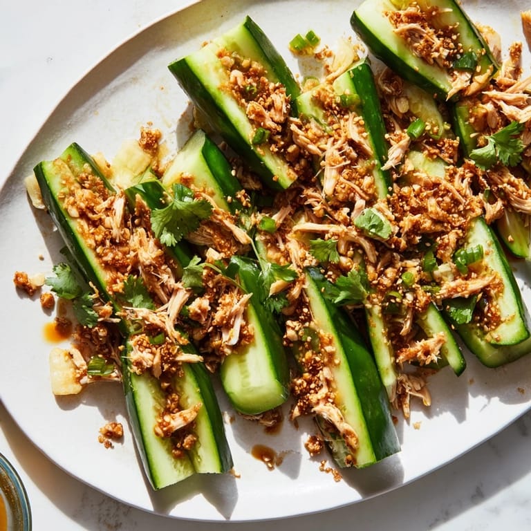 Crispy smashed cucumbers in Whole Cucumber Logan Salad, glistening with sesame oil and chili flakes.
