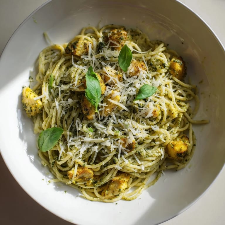 A vibrant bowl of pesto egg and chicken pasta, featuring perfectly cooked chicken and fresh basil.