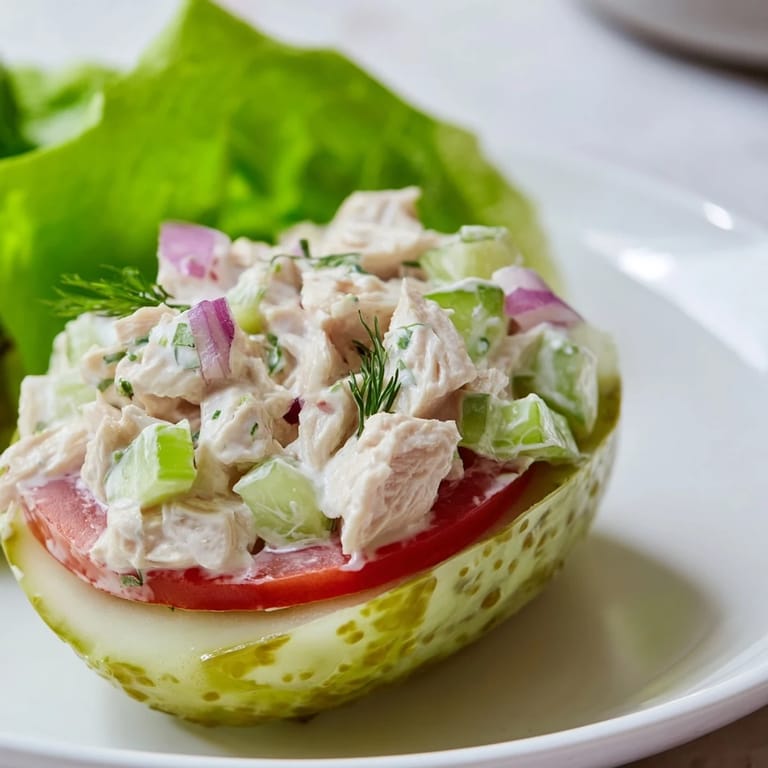 A close-up view shows the deconstructed layers of a delicious Pickle Sandwich with fresh chicken salad.