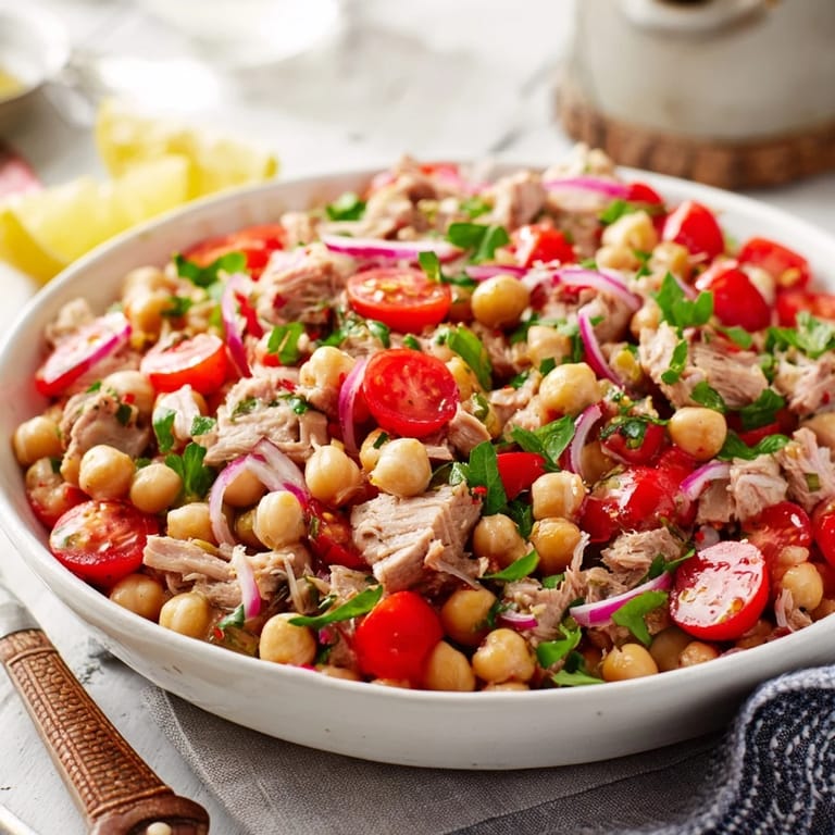 A close-up of a vibrant Dense Chickpea and Tuna Salad, ready to eat, with fresh lemon zest sprinkled over it.