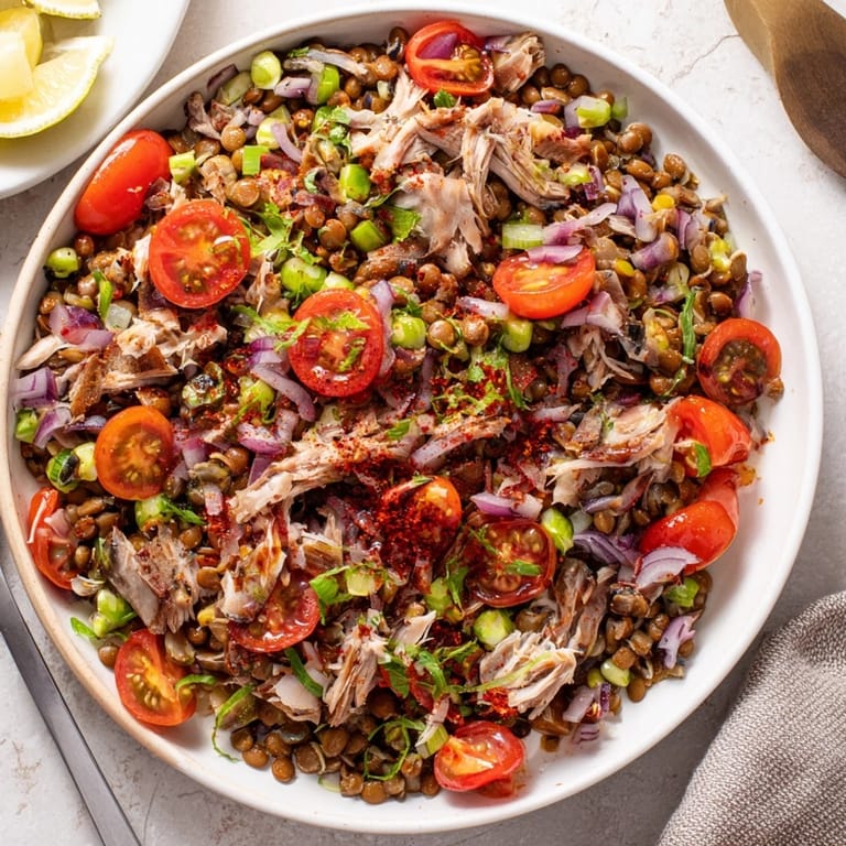 This Mediterranean-inspired Dense Chickpea and Tuna Salad is served, highlighting tuna's flakiness alongside chickpeas.