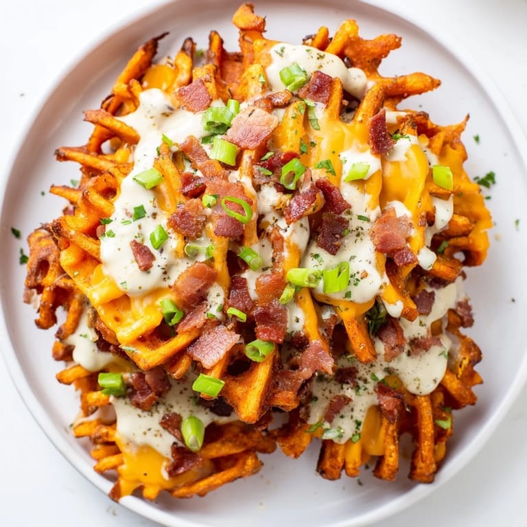 A platter overflowing with Loaded Sweet Potato Fries, featuring creamy ranch and fresh green onions, delicious!