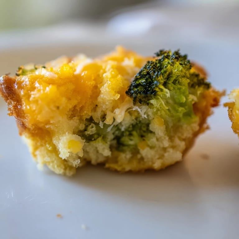Close-up photo of baked Cheesy Broccoli Casserole Bites, bursting with melted cheese and fresh broccoli.