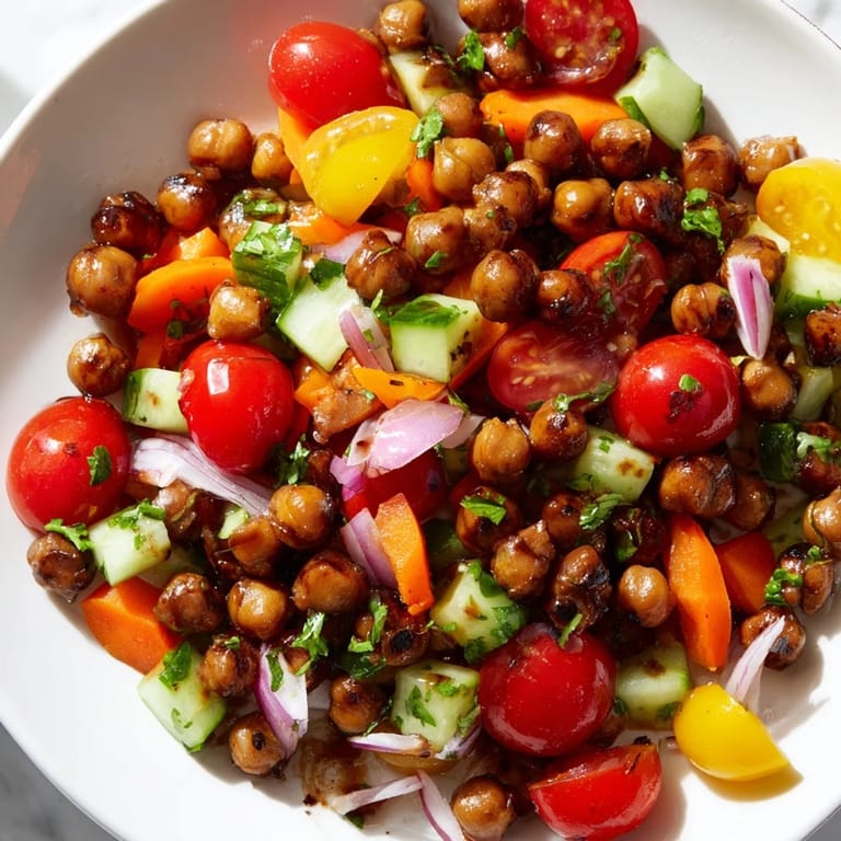 Smoky BBQ chickpea salad, showcasing tender chickpeas and colorful peppers tossed in a zesty dressing.