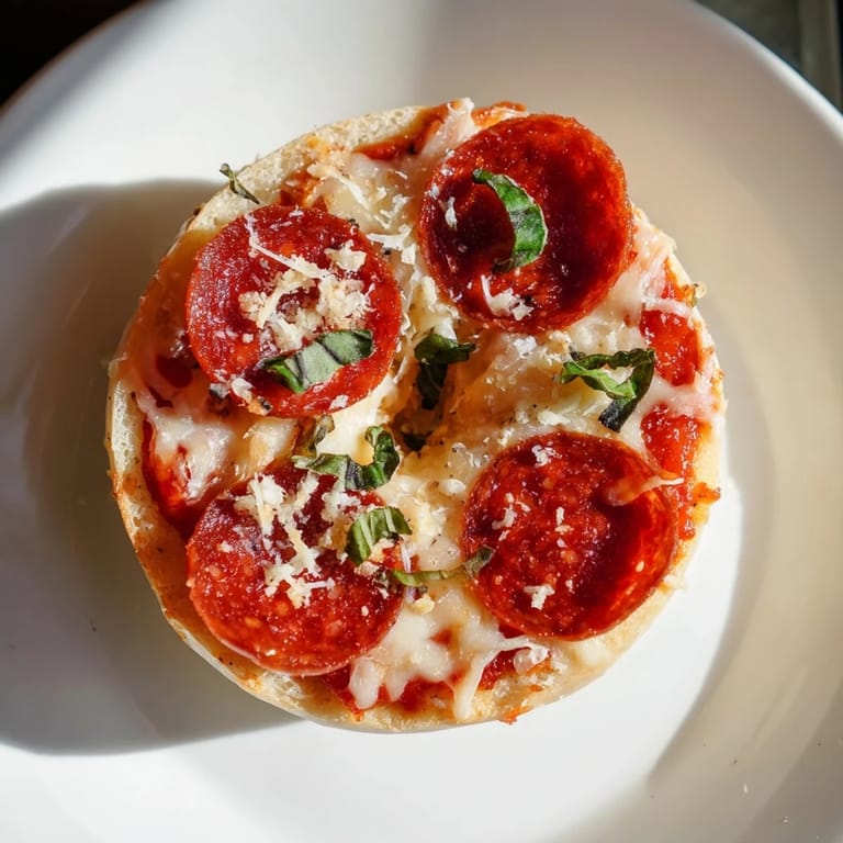 These mini pepperoni pizza bagels show bubbling mozzarella and savory pepperoni on toasted bagel halves.
