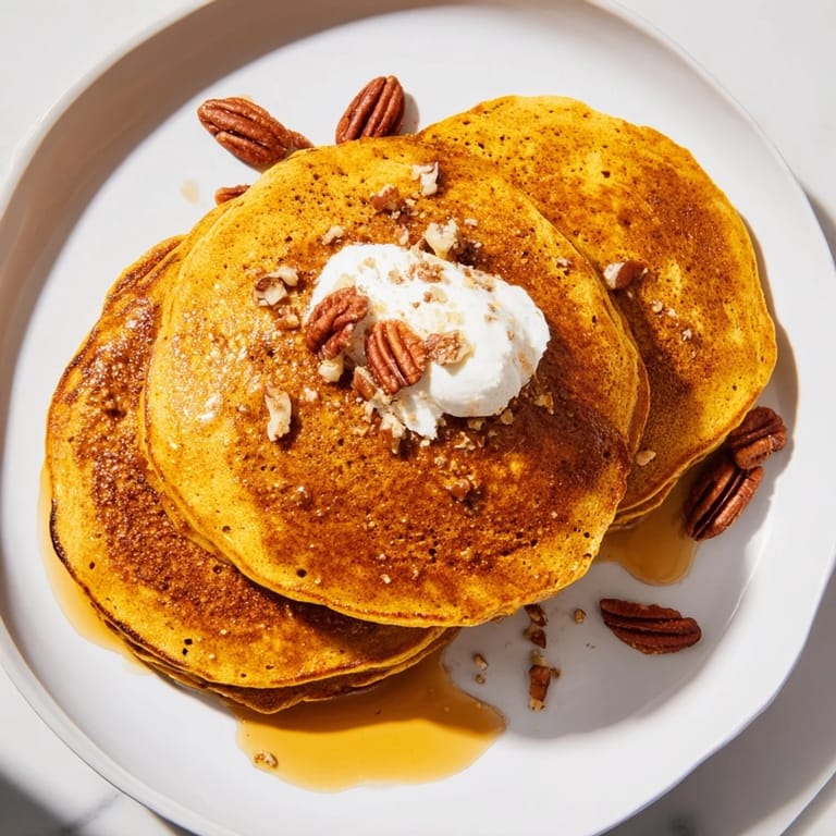 A stack of comforting fluffy pumpkin spice pancakes, inviting with rich textures and aromas.