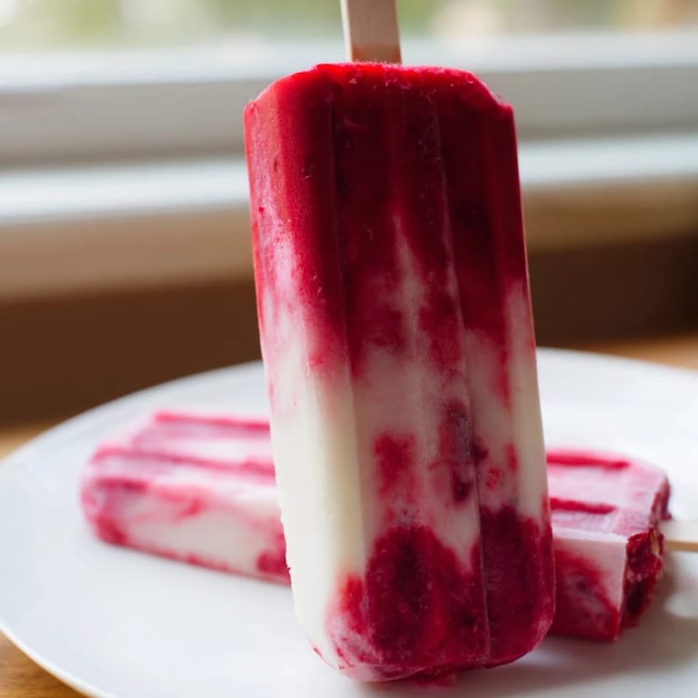 See the beautiful, frozen swirl of raspberry and coconut layers in these delicious, vegan ice pops.