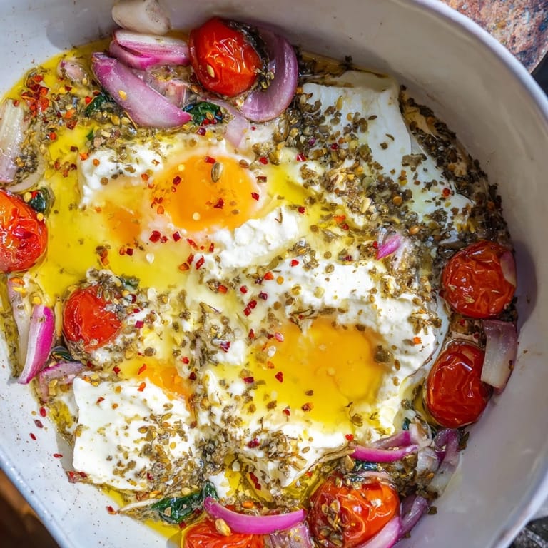 Golden Baked Feta Eggs presented with vibrant cherry tomatoes and fresh basil, ready to serve.