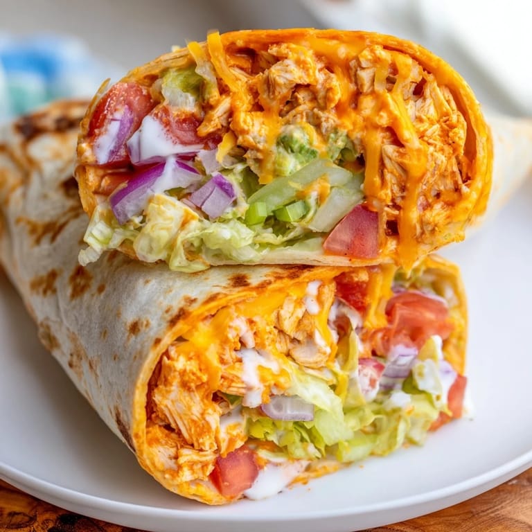 Folded tortilla showcasing a delicious Buffalo Chicken Wrap, full of flavorful ingredients ready to eat.