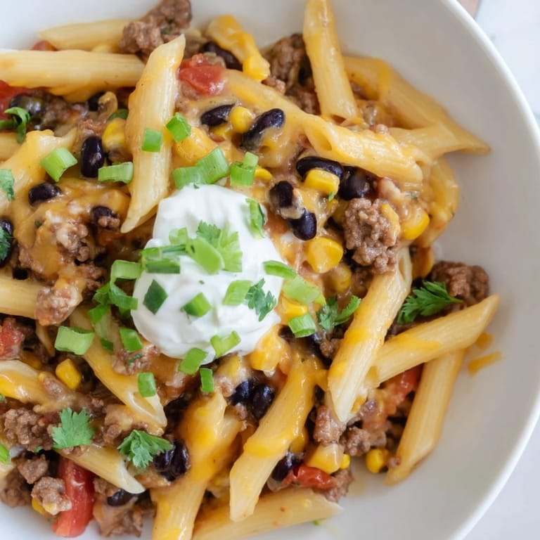 This photo features a bubbling skillet of Cheesy Taco Pasta, ready to serve and enjoy.