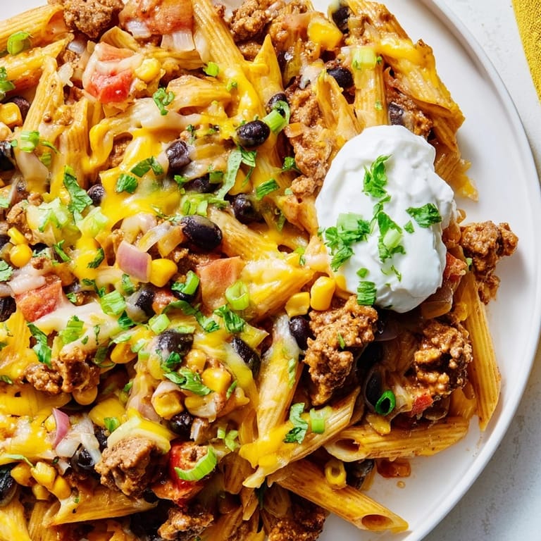 Delicious Cheesy Taco Pasta: a family-favorite meal with tender pasta and Tex-Mex flavors.