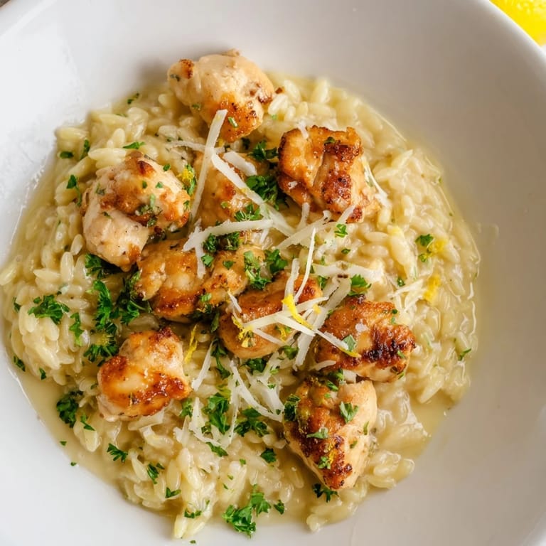 This creamy Lemon Chicken Orzo features golden chicken pieces in a luscious, lemon-infused sauce and orzo.