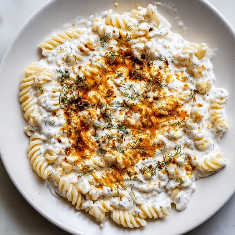 Enjoy a flavorful bowl of Turkish Yogurt Pasta, its rich sauce highlighting each pasta shape.