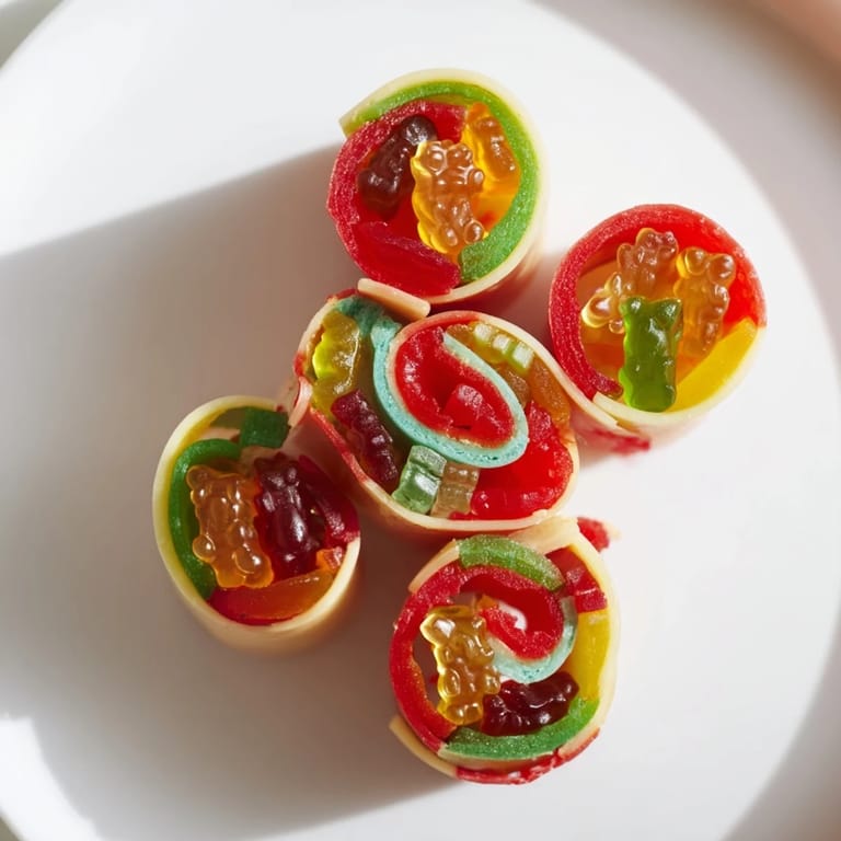 Close-up of freshly sliced Rainbow Candy Roll Ups displaying bright gummy candies inside each layer.