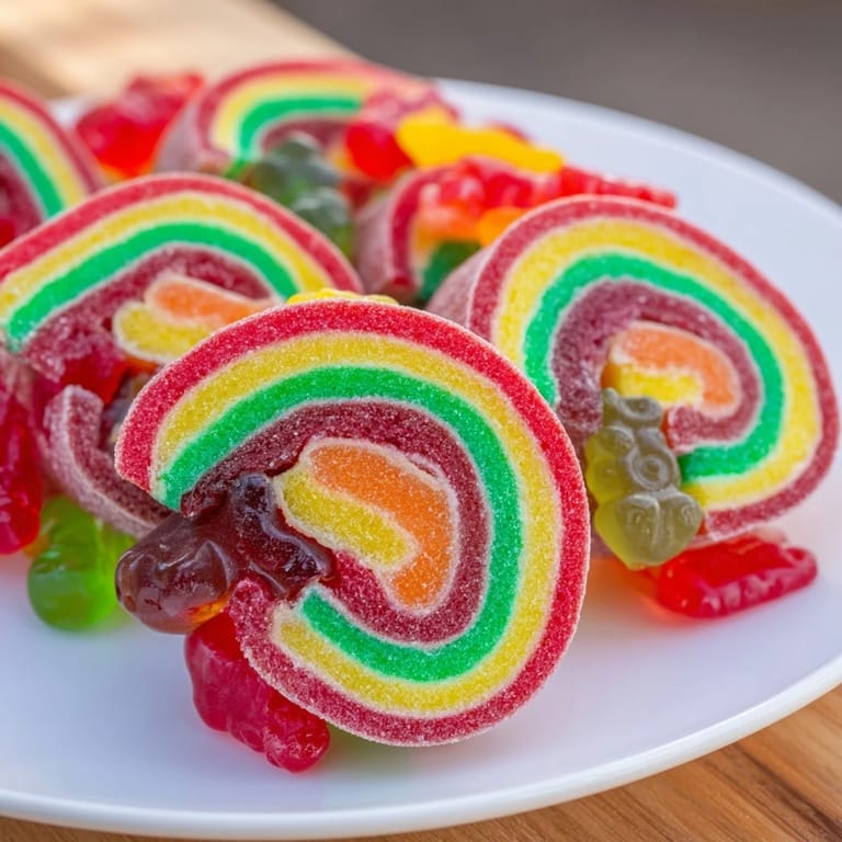 Sweet, sticky Rainbow Candy Roll Ups, showing colorful pinwheels of fruit roll-ups and gummies ready to eat.