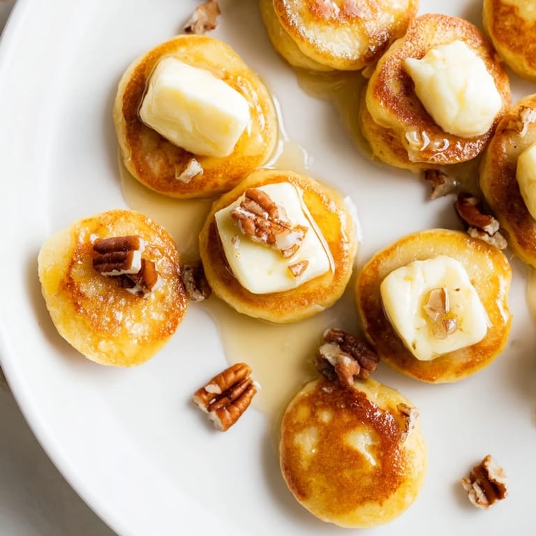 Miniature Pancake Brie Bites, perfectly golden from the oven, offering a creamy brie center.