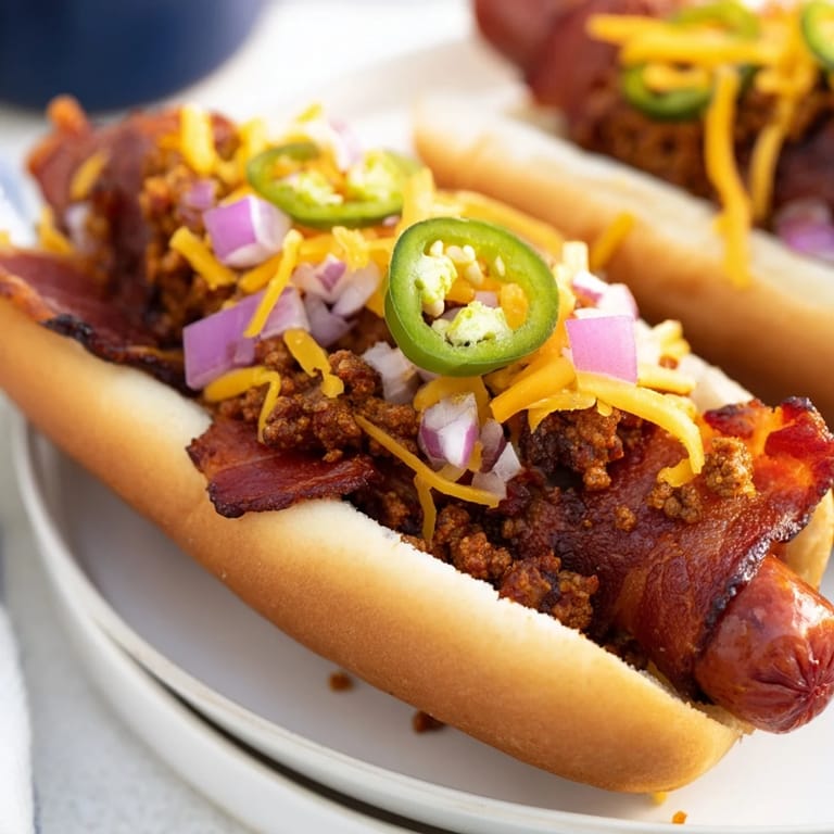 Perfectly grilled Mexican Hot Dogs with crispy bacon and vibrant toppings, a flavorful main dish.