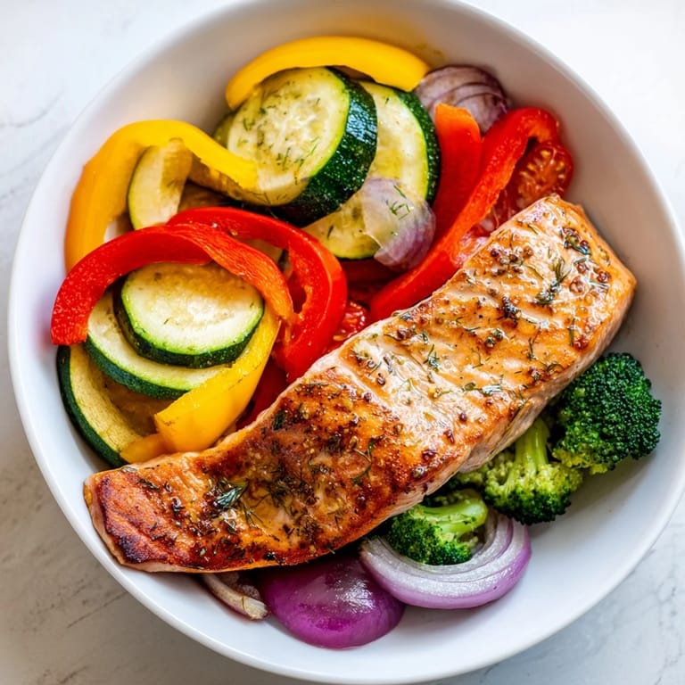 Tender salmon fillets and colorful bell peppers in this easy Salmon Sheet Pan Bake recipe.