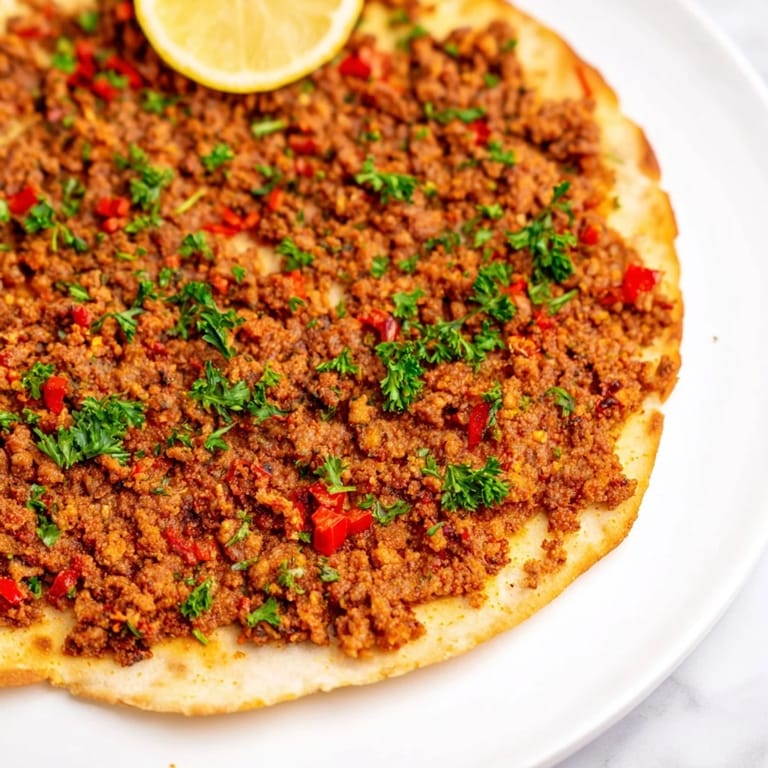 A close-up shot of a golden-brown Turkish Lahmacun, ready to eat alongside fresh ingredients.