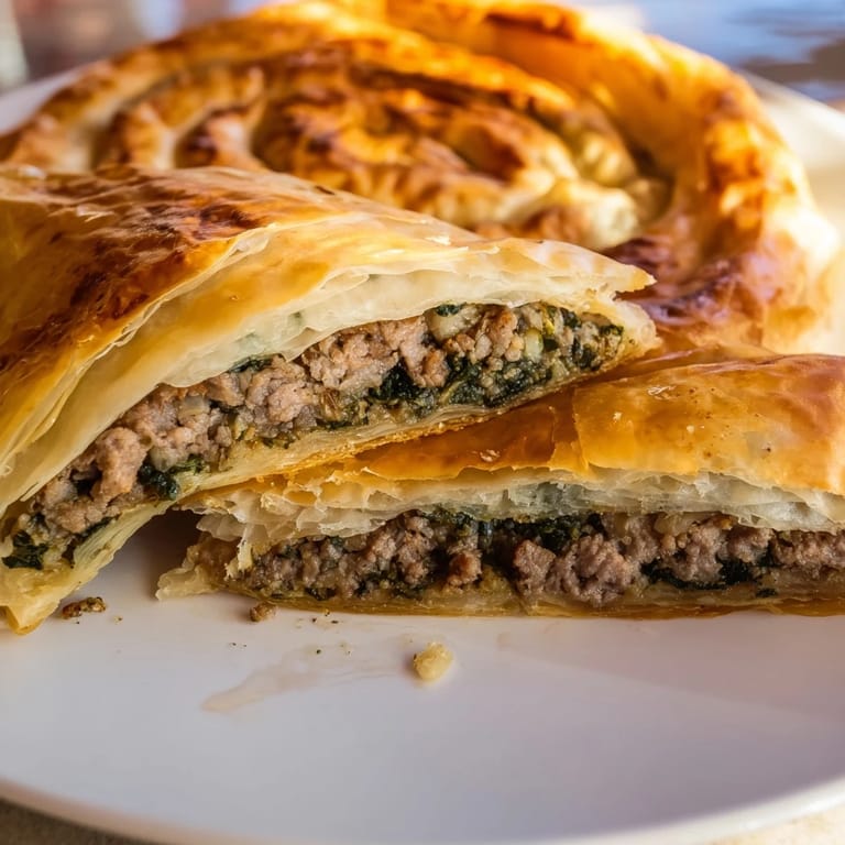 A close-up view of fresh-baked Bosnian Burek, showcasing flaky layers filled with seasoned meat.