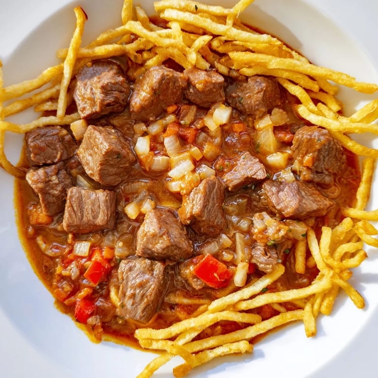 A close-up of Czech Goulash with tender beef and golden potato strips, ready to enjoy.