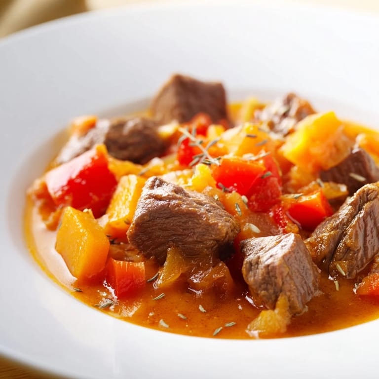 A close-up of a hearty Hungarian Goulash Stew, showcasing chunks of beef and vibrant vegetables in thick sauce.