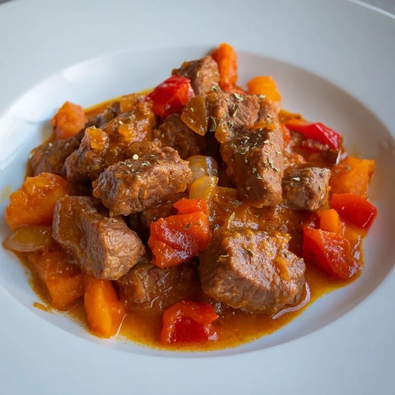 Flavorful Hungarian Goulash Stew, a comforting one-pot meal, bubbling gently in a large Dutch oven.