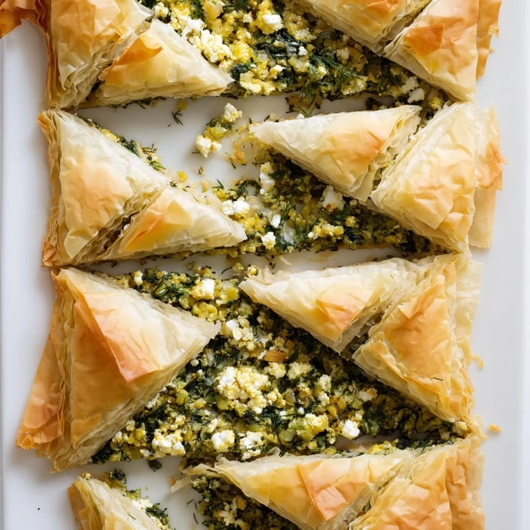 A close-up of a warm, vibrant Greek spanakopita, with perfectly browned phyllo pastry layers.