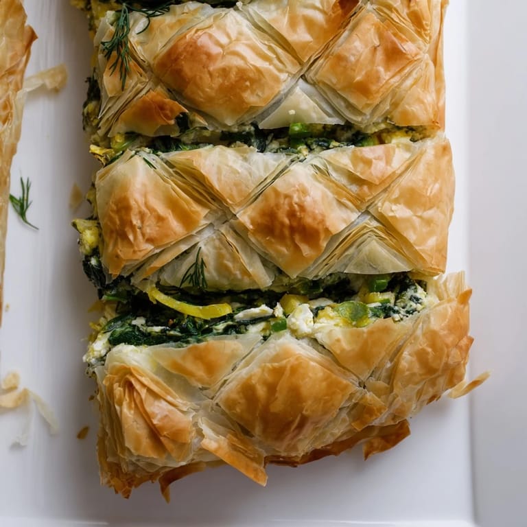 Enjoy the delicious, fresh baked flavors from this homemade Greek spanakopita just out of the oven.