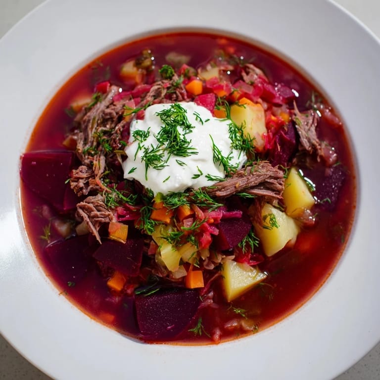 Close-up of a hearty Ukrainian Borscht recipe, with tender beef and colorful vegetables ready to eat.