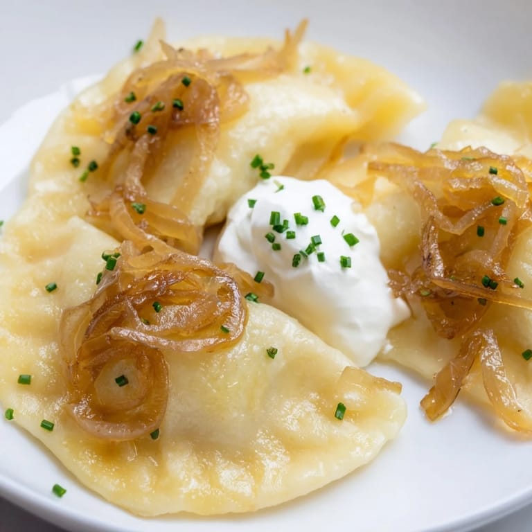 A close-up shot of fluffy Polish pierogi, filled with potato and cheese, ready to be enjoyed.