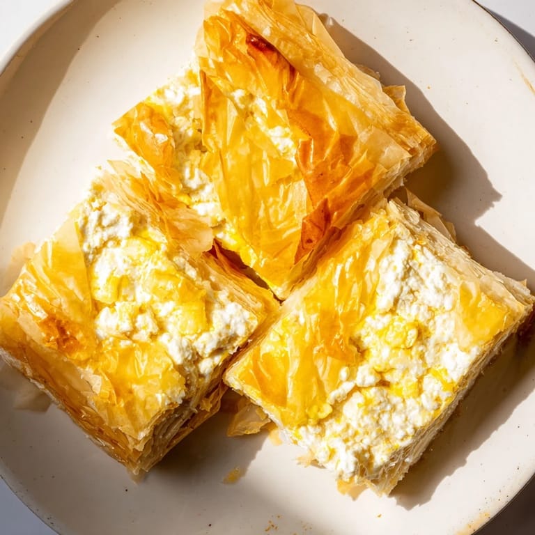 Close-up of baked Serbian Gibanica, showing crispy layers and the creamy cheese filling, ready to serve.