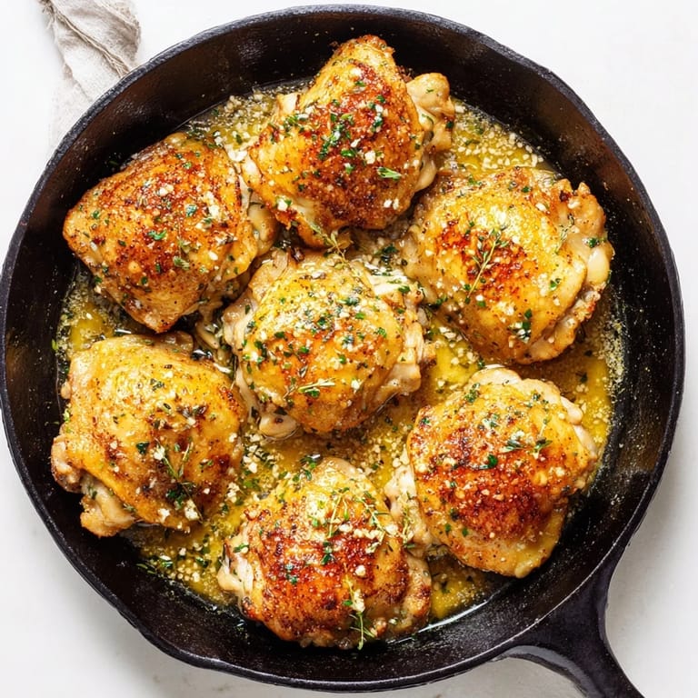 Tender bone-in chicken thighs roasted with aromatic garlic butter and herbs, ready to serve on a plate.