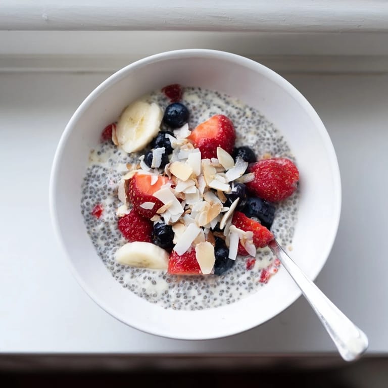 Overnight chia seed pudding served in a clear glass with mango chunks and shredded coconut, ready to eat.