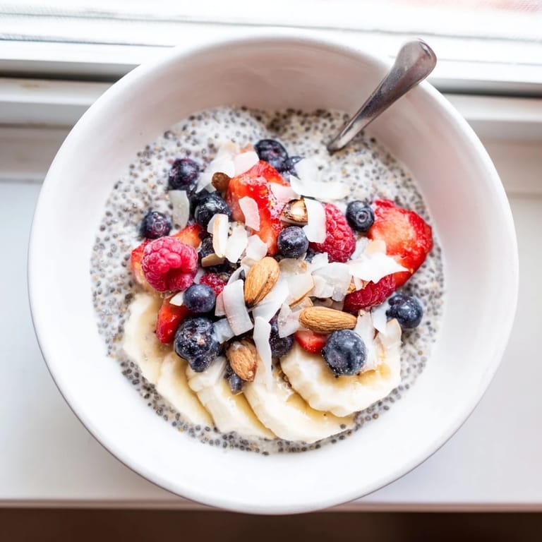 Healthy chia seed pudding layered with strawberries, blueberries, and a drizzle of maple syrup on a marble counter.