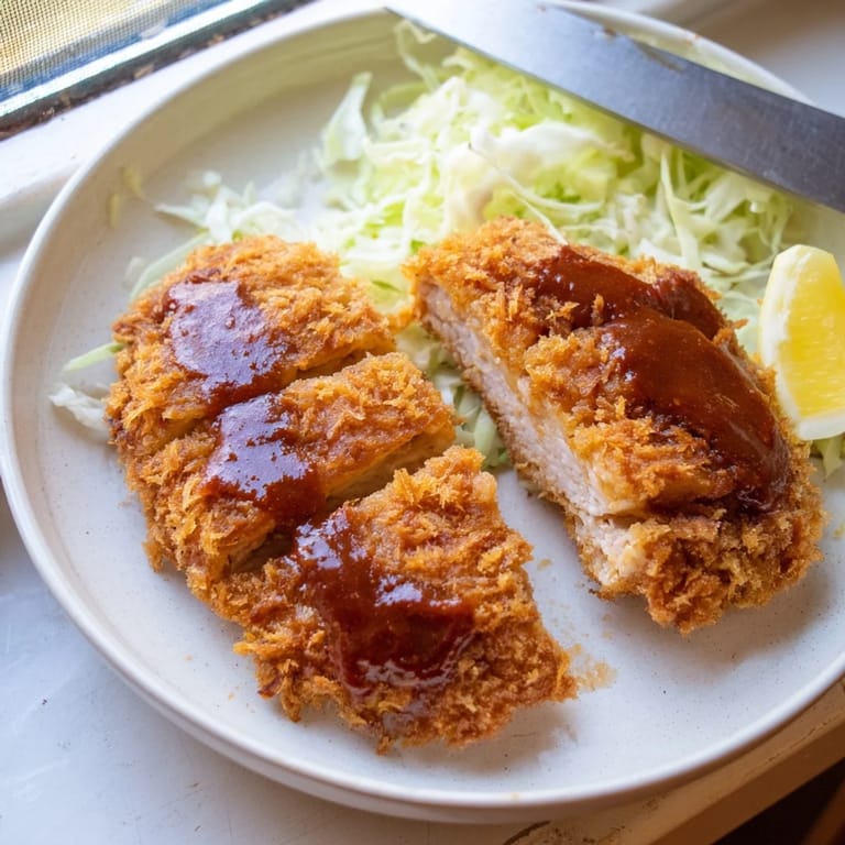 Juicy Chicken Katsu cutlet fried to golden perfection, drizzled with homemade tonkatsu sauce.