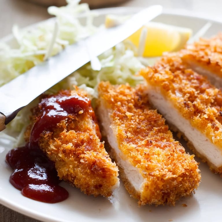 Crisp panko-crusted Chicken Katsu cutlet on a plate with lemon wedges and steamed rice.