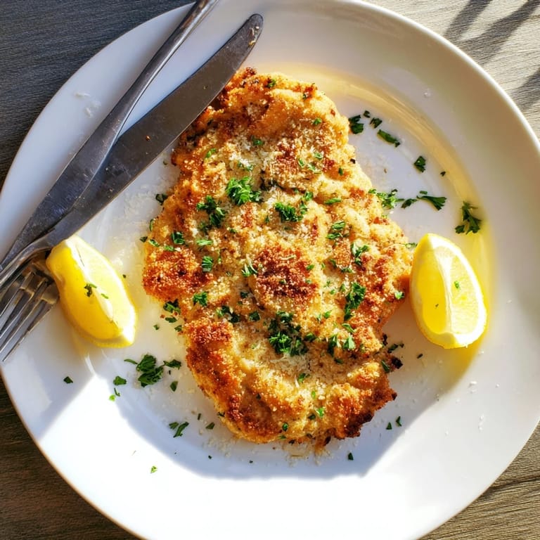 A close-up of a Crispy Parmesan Chicken Cutlet reveals its crunchy, golden-brown panko and Parmesan crust.