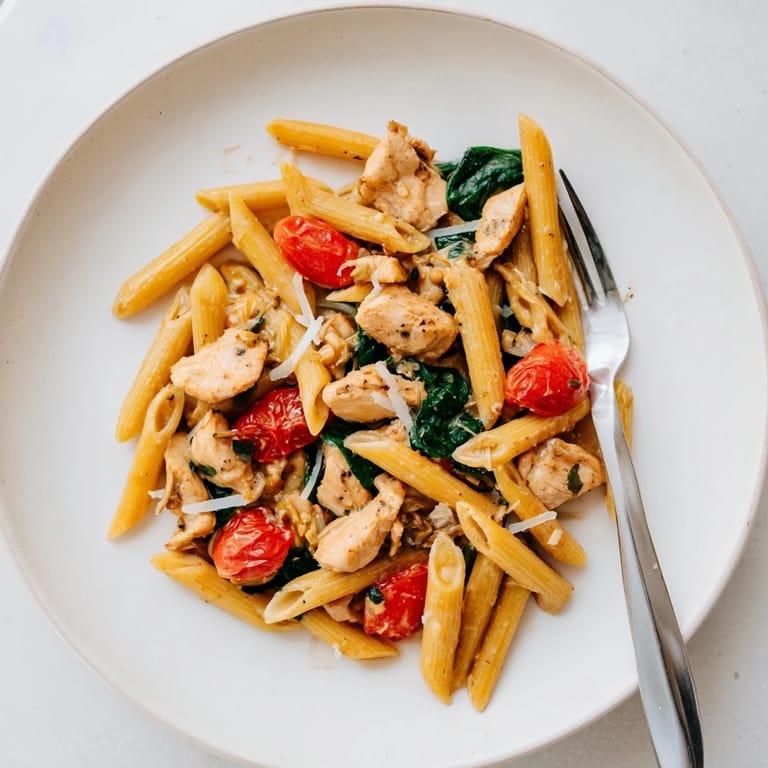 Juicy One-Pan Lemon Herb Pasta Chicken served with wilted spinach and lemon zest in a single pan.