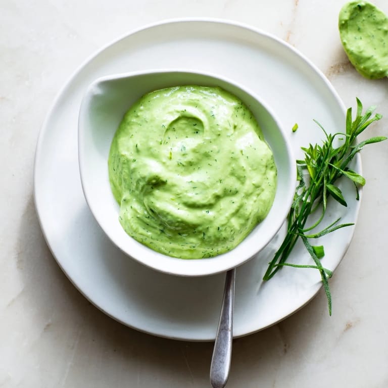 Vibrant Green Goddess Dressing drizzled over a colorful salad bowl with cherry tomatoes, cucumbers, and grilled chicken.