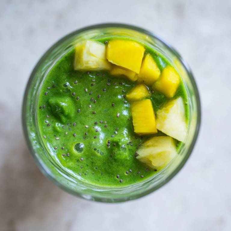 Frozen mango and pineapple blend into a creamy spinach-hidden smoothie, served in a clear glass with a fresh garnish.