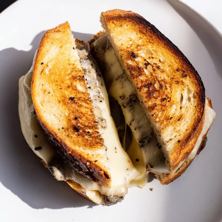 A rustic skillet holding a hot Truffle Grilled Cheese, with melted cheese oozing from the crispy, buttery bread.