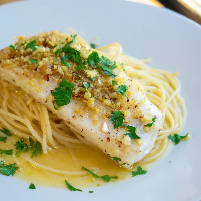 Freshly prepared lemon bass pasta plated with a light buttery sauce, fresh herbs, and a dusting of Parmesan, ready to serve.