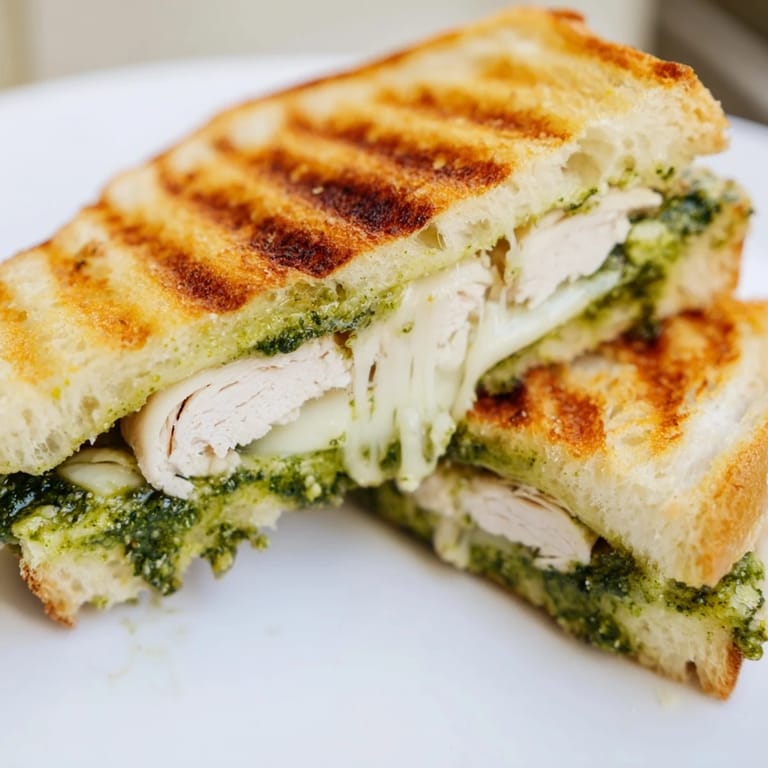 Close-up of a warm Chicken Pesto Panini, showing juicy chicken and melted cheese between crusty bread.