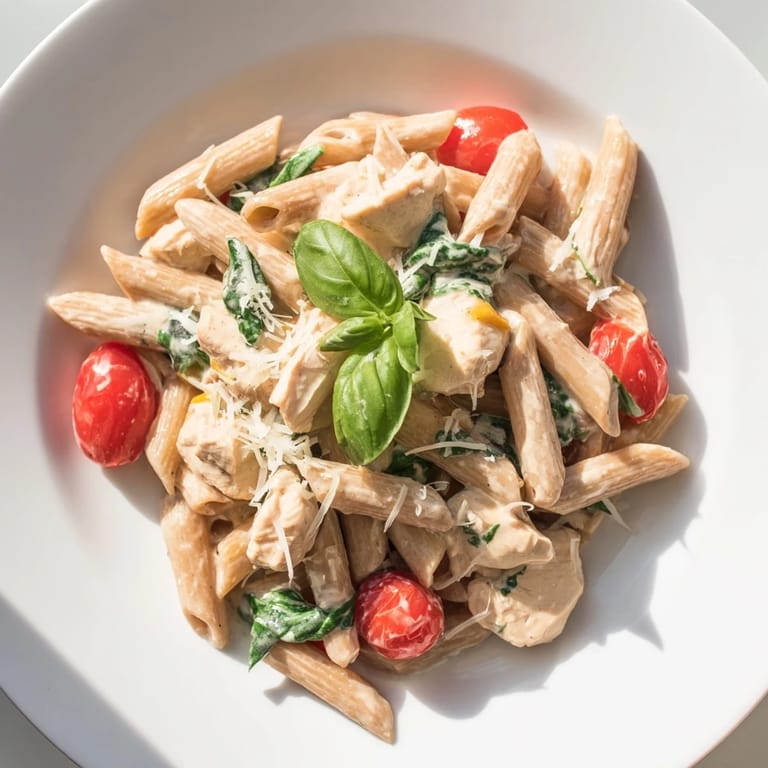 Warm Greek Yogurt Chicken Pasta plated with halved cherry tomatoes and a light garnish of fresh basil.