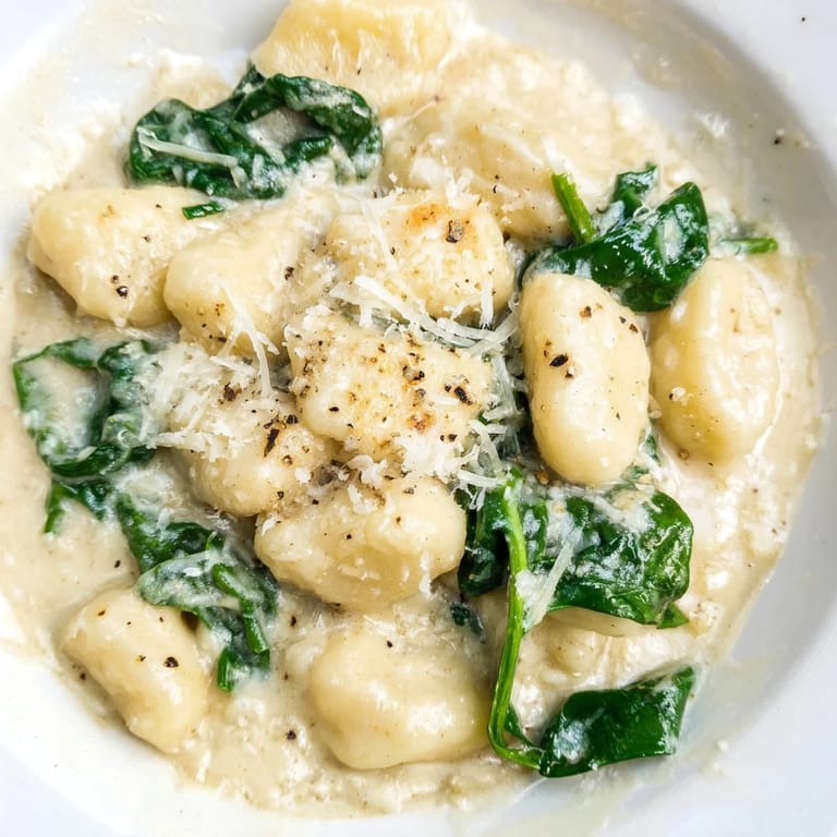 Close-up of garlic gnocchi and spinach in creamy sauce, garnished with extra Parmesan and pepper.